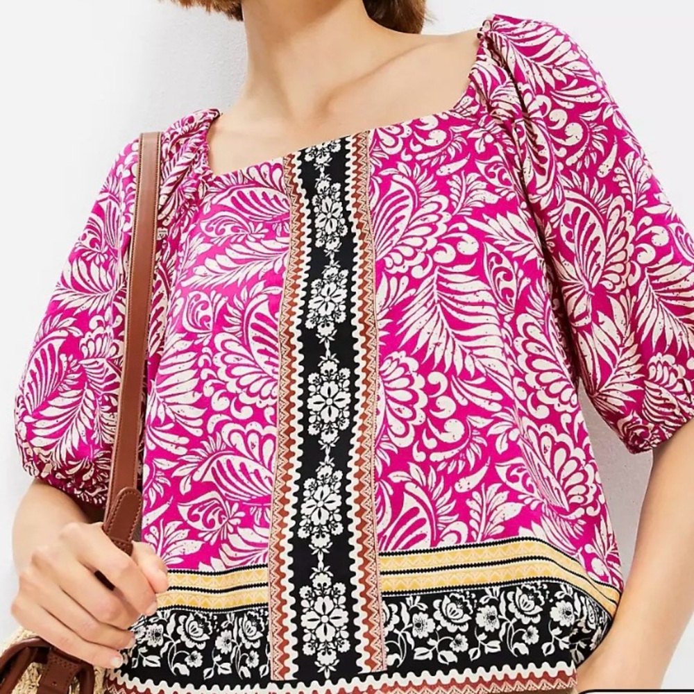LOFT Palm Print Bubble Sleeve Square Neck Top (XL - like new)